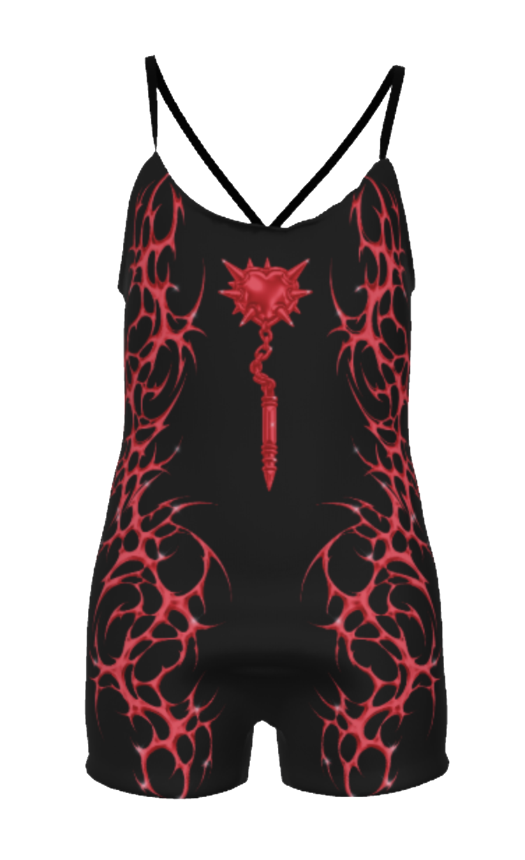 *Red Spiked Heart Flail Romper
